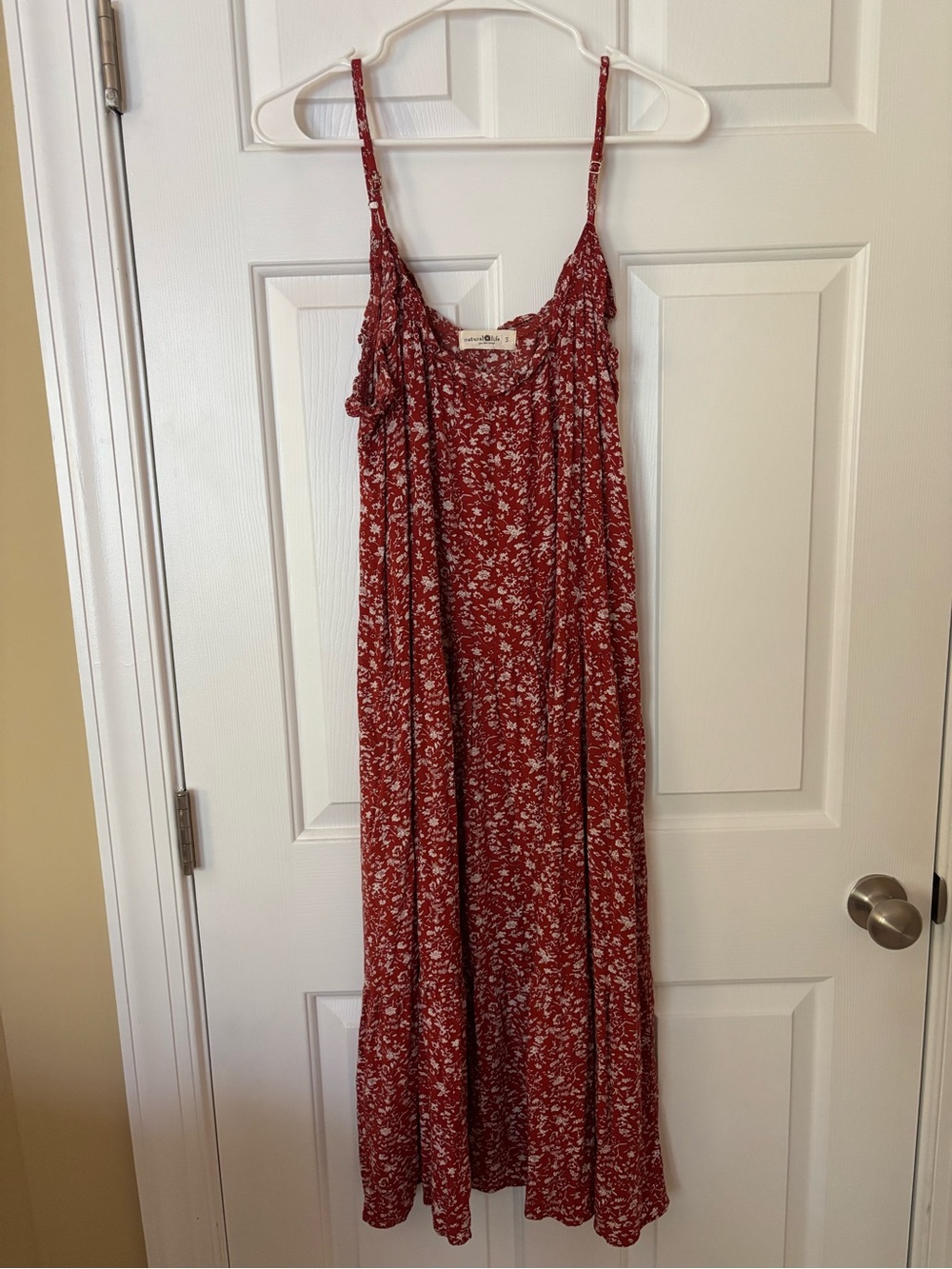 NATURAL LIFE Red Floral Ruffle-Trim Dress Size Small